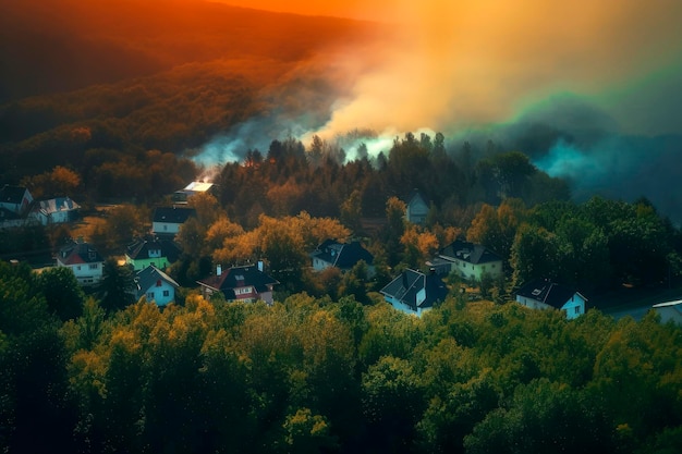 Ilustración generativa de IA del bosque y la aldea en un gran incendio de verano debido a la falta de un cambio climático para detener la lluvia