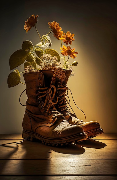 Ilustración generativa de IA de botas recicladas con flores