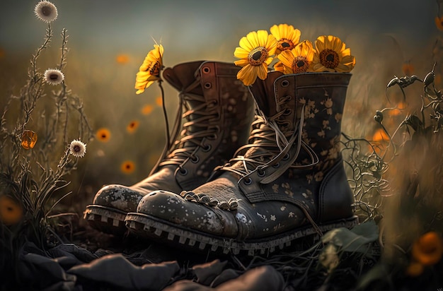 Ilustración generativa de IA de botas recicladas con flores