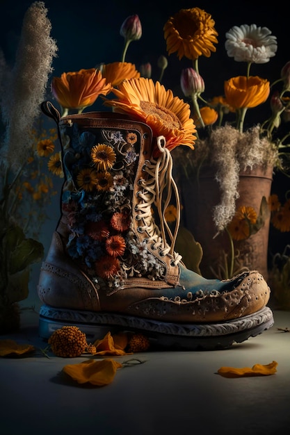 Ilustración generativa de IA de botas recicladas con flores