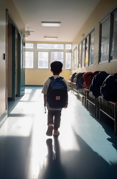 Ilustración generativa de IA de Boy solo y de espaldas con una mochila entrando al aula de la escuela