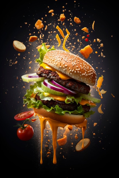 Ilustración generativa de IA de Burger in the air explotando con queso, cebolla, ketchup, mostaza y tomate