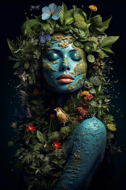 Ilustración generativa de IA de la cabeza de una mujer hermosa rodeada de plantas y naturaleza verde en el planeta tierra Representando el medio ambiente y la sostenibilidad para salvar el planeta