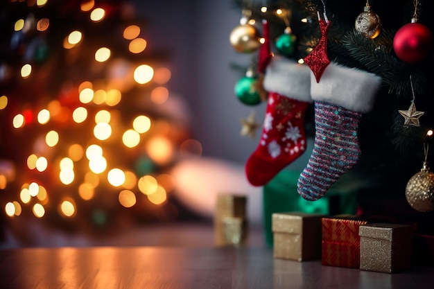Ilustración generativa de IA de cajas de regalo y calcetines envueltos en papel brillante bajo el árbol de Navidad con fondo desenfocado Concepto de Navidad