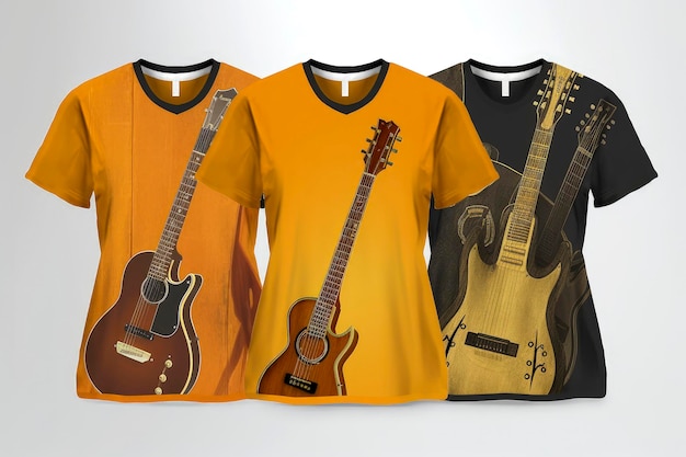 Ilustración generativa de IA de una camiseta con fondo dorado vista desde arriba con una imagen impresa en el frente de una guitarra