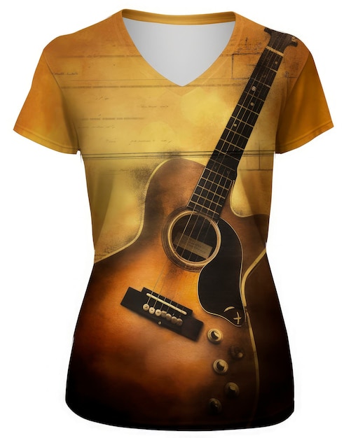 Ilustración generativa de IA de una camiseta con fondo dorado vista desde arriba con una imagen impresa en el frente de una guitarra