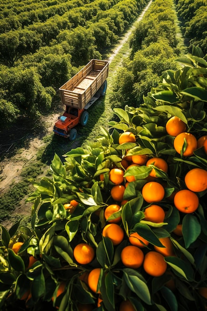 Ilustración generativa de IA de un campo de naranjos en la temporada de cosecha Fruta saludable con vitaminas