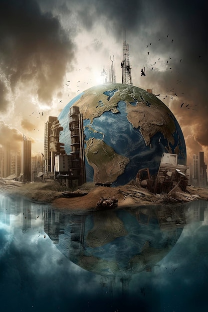 Ilustración generativa de IA del caos y la destrucción en la tierra con agua y edificios encima debido al cambio climático