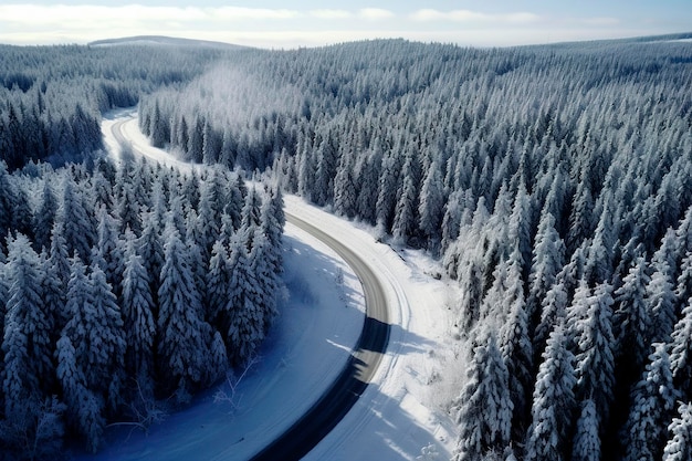 Ilustración generativa de IA de una carretera con muchas curvas a través de un bosque de árboles nevados en un concepto frío de invierno