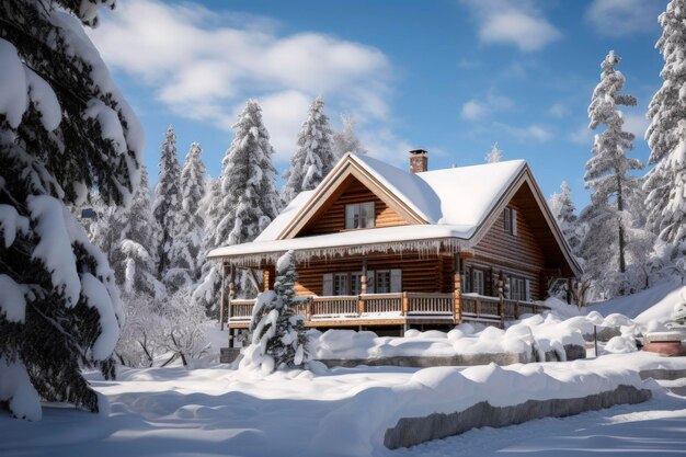 Ilustración generativa de IA de una casa de lujo de madera en la montaña con un paisaje nevado en un día soleado Arquitectura sostenible