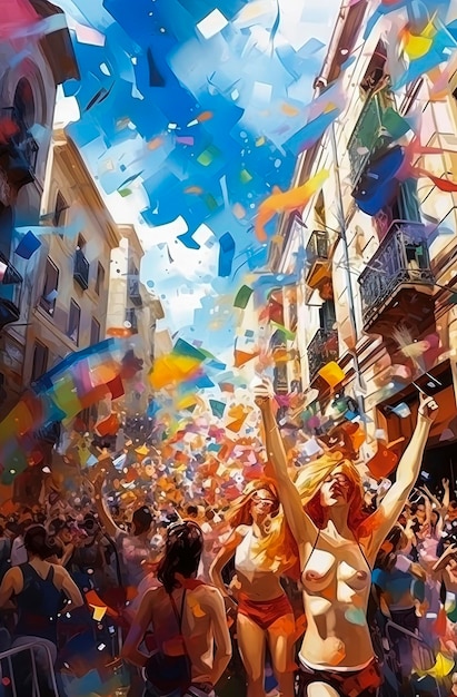 Ilustración generativa de IA de la celebración callejera del orgullo gay y lesbiana con bandera arco iris en estilo de ilustraciónLGBTArte digital