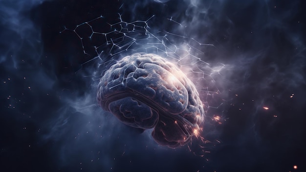 Ilustración generativa de IA de un cerebro humano con partículas brillantes y estrellas