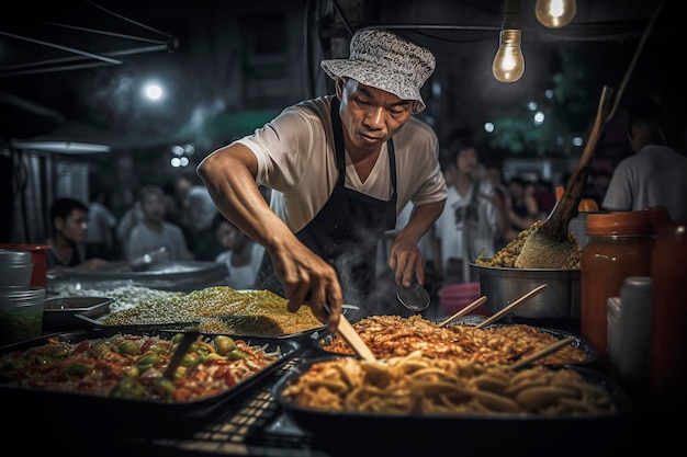 Ilustración generativa de IA del chef callejero en Bangkok Tailandia cocina un plato para clientes felices en el mercado nocturno