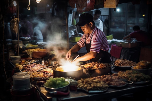 Ilustración generativa de IA del chef callejero en Bangkok Tailandia cocina un plato para clientes felices en el mercado nocturno