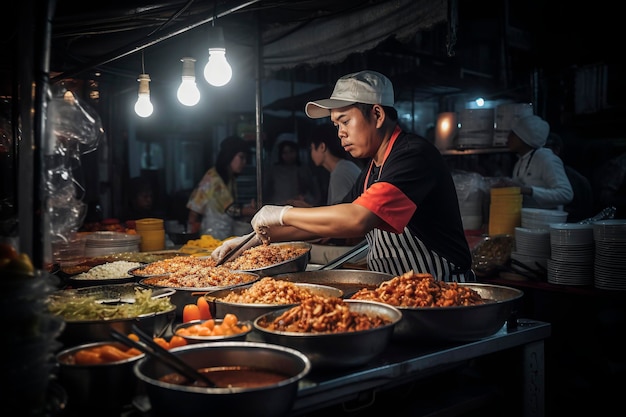 Ilustración generativa de IA del chef callejero en Bangkok Tailandia cocina un plato para clientes felices en el mercado nocturno