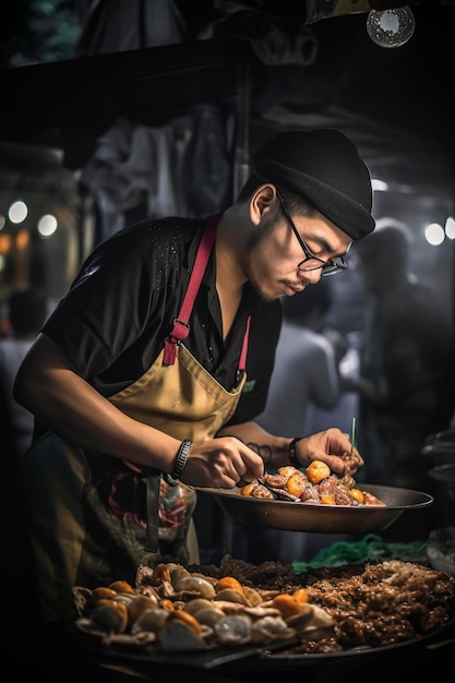 Ilustración generativa de IA del chef callejero en Bangkok Tailandia cocina un plato para clientes felices en el mercado nocturno
