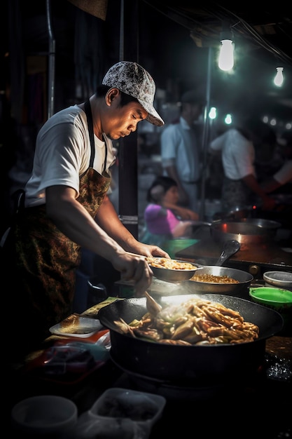 Ilustración generativa de IA del chef callejero en Bangkok Tailandia cocina un plato para clientes felices en el mercado nocturno