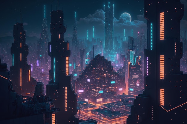 Ilustración generativa de IA de ciudad futurista con luces de neón y escena nocturna