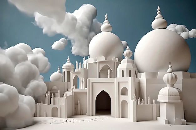 Ilustración generativa de IA de la ciudad musulmana con muchas mezquitas flotando en el cielo rodeadas de nubes blancas el paraíso musulmán