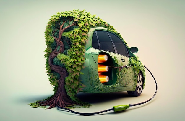 Ilustración generativa de IA del coche eléctrico cargando la batería respetando el medio ambiente