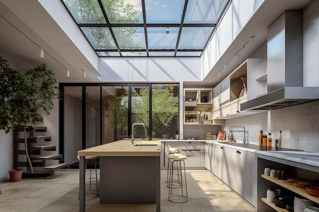 Ilustración generativa de IA de cocina acogedora diseñada con luz de techo de vidrio y volumen espacioso de techo alto de dos pisos con muebles de madera recuperada