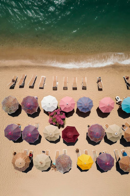 Ilustración generativa de IA de coloridas sombrillas de playa en un día soleado