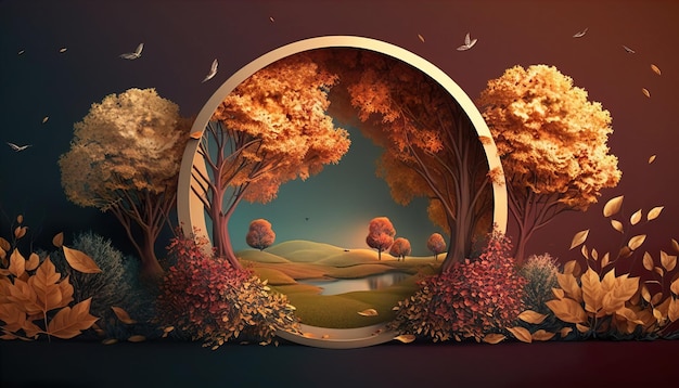 Ilustración generativa de IA de coloridos árboles de otoño con marco redondo