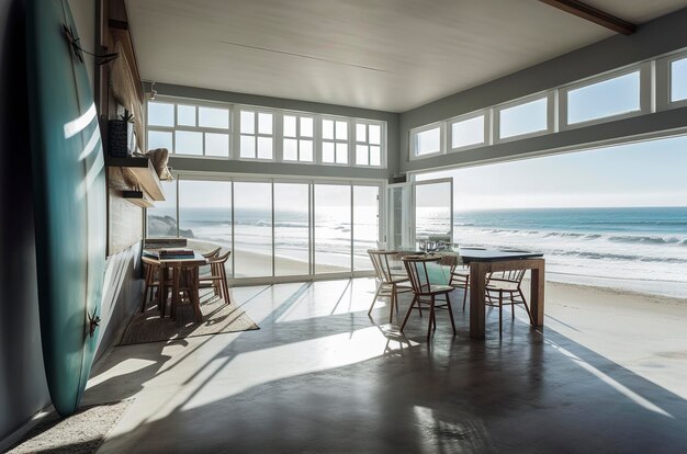 Ilustración generativa de IA Comedor de 40 metros frente a la playa con mesa y sillas y casa de surf estilo tabla de surf