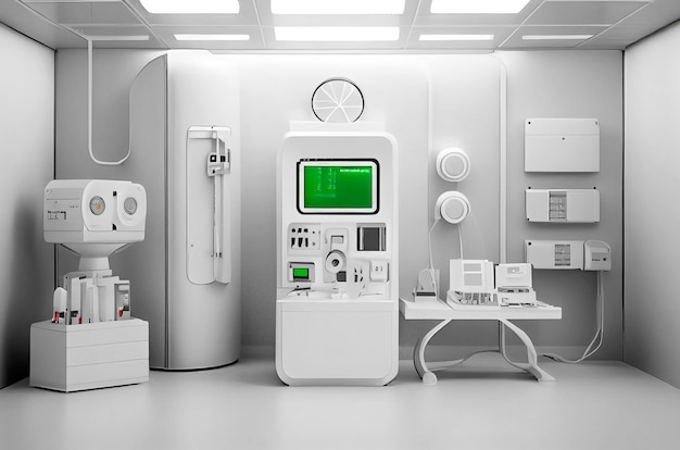 Ilustración generativa de IA de un consultorio médico minimalista y futurista, todo en blanco