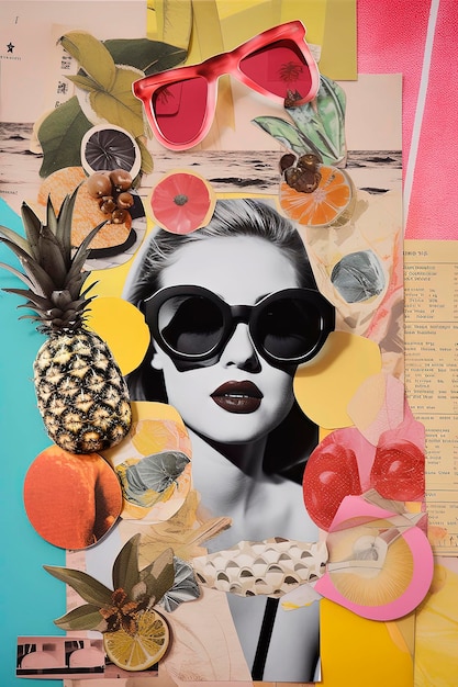 Ilustración generativa de IA de Cool collage de moda de verano en la playa hecho a mano en papel de álbum de recortes con colores vibrantes