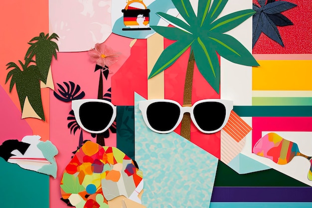 Ilustración generativa de IA de Cool collage de moda de verano en la playa hecho a mano en papel de álbum de recortes con colores vibrantes
