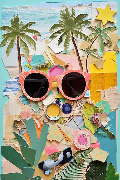 Ilustración generativa de IA de Cool collage de moda de verano en la playa hecho a mano en papel de álbum de recortes con colores vibrantes