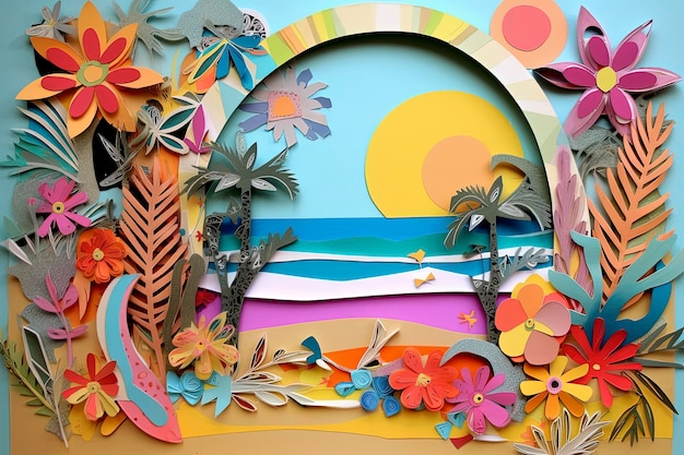 Ilustración generativa de IA de Cool collage de moda de verano en la playa hecho a mano en papel de álbum de recortes con colores vibrantes