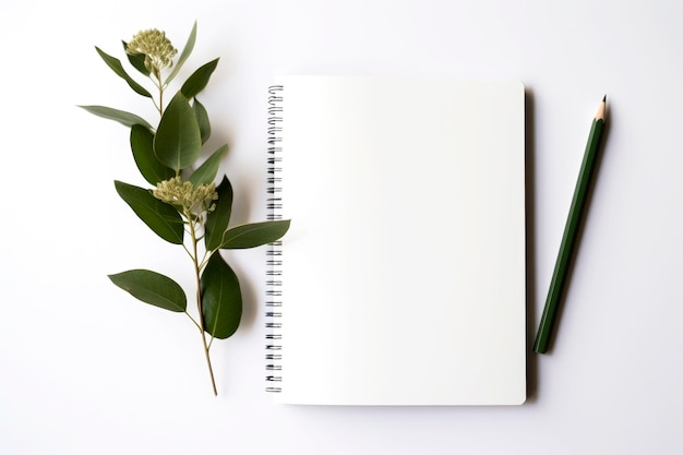 Ilustración generativa de IA de un cuaderno con una página en blanco con lápiz y flores vistas desde arriba Concepto de maqueta