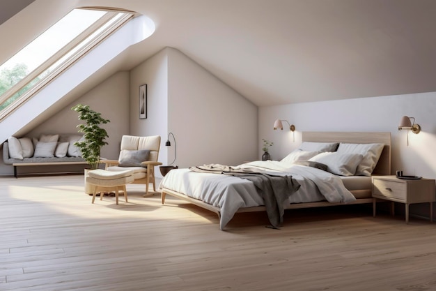 Ilustración generativa de IA de un dormitorio en un ático con muebles reciclados y materiales sostenibles Diseño de interiores