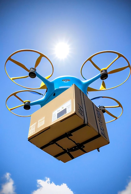 Ilustración generativa de IA del dron Parcel volando por el cielo entregando un paquete