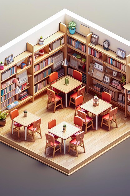 Ilustración generativa de IA de una encantadora librería con estética Showa con sillas, mesas y plantas utilizando un modelo isométrico 3D Concepto escolar Arte digital