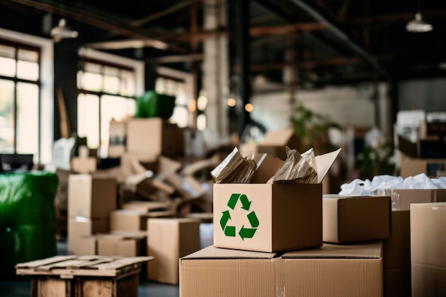 Ilustración generativa de IA de envases de cartón reciclables con el signo de reciclaje Envases ecológicos y sostenibles