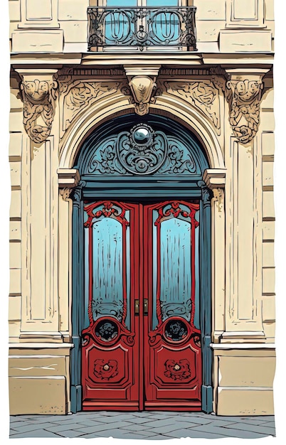 Ilustración generativa de IA de fachada con puertas y ventanas en París Arquitectura clásica de estilo Haussmann Ilustración dibujada con lápiz Arte digital