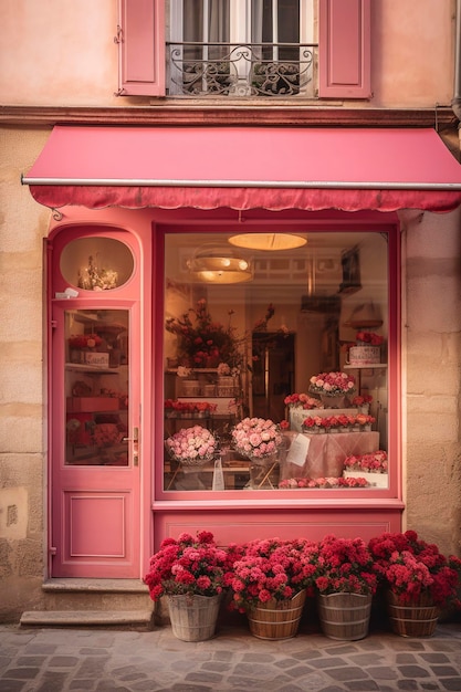 Foto ilustración generativa de ia de fachada rosa romántica con rosas en la puerta