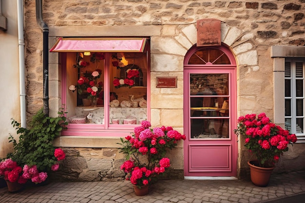 Ilustración generativa de IA de fachada rosa romántica con rosas en la puerta