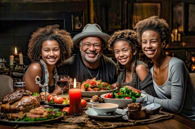 Ilustración generativa de IA de una familia hispana sonriente sentada en una mesa festiva servida con deliciosos