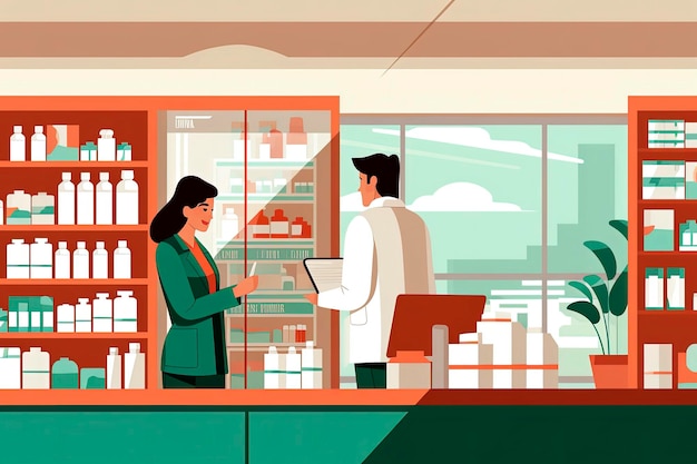 Ilustración generativa de IA de farmacéuticos en la farmacia que venden medicamentos en un estilo de ilustración minimalista Concepto de salud