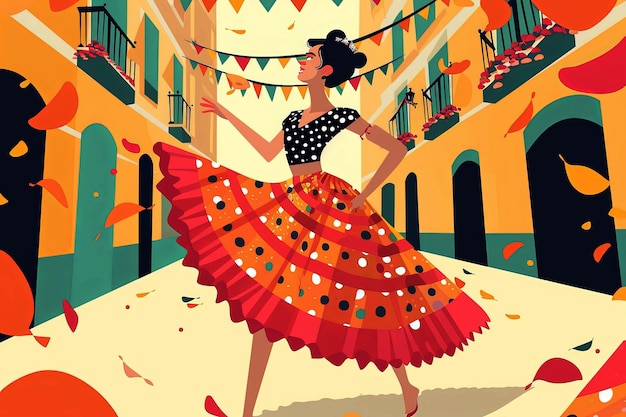 Foto ilustración generativa de ia de una feliz bailarina de flamenco en la feria de sevilla