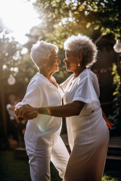 Ilustración generativa de IA de una feliz pareja de lesbianas enamoradas bailando en un jardín al atardecer