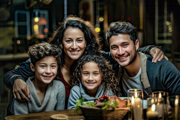 Ilustración generativa de IA de una feliz reunión familiar en la mesa para la celebración de Navidad que abraza a un