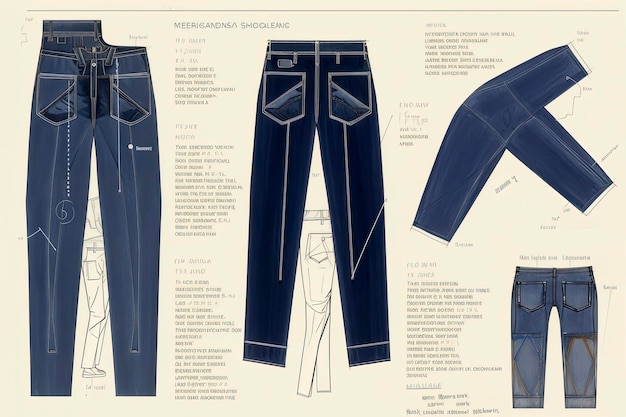 Foto ilustración generativa por ia de la ficha de datos técnicos para pantalones y chaquetas de denim