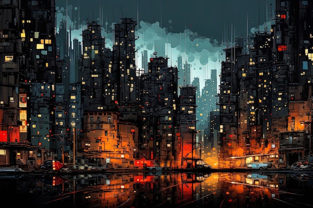 Ilustración generativa de IA del fondo de una gran ciudad con iluminación nocturna en estilo de ilustración pictórica Arte digital