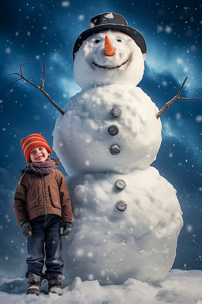 Ilustración generativa de IA del fondo de un muñeco de nieve jugando con un niño en un día nevado de invierno Concepto de Navidad de estilo de ilustración de arte digital