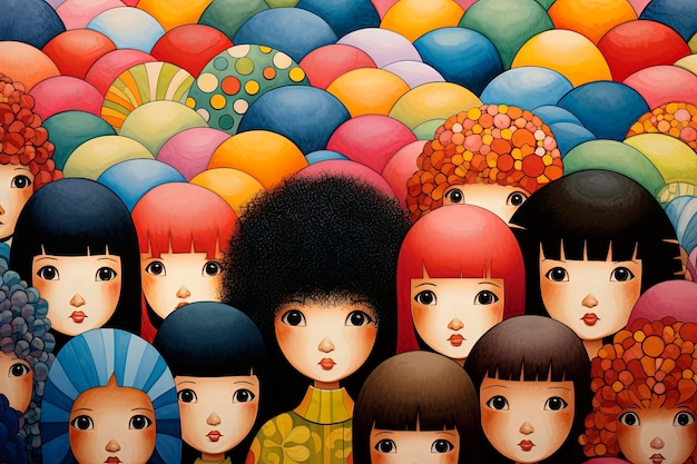 Ilustración generativa de IA de fondo de patrón de familias interraciales en estilo de ilustración multicolor Arte digital